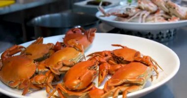 Haşlanmış mavi yengeç Carolina yengecinde dev bir tencerede kaynıyor. Kaynamış yengeç. Yüksek kaliteli FullHD görüntüler