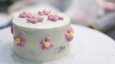 Bento keklerinin kremasını palet bıçağıyla düzleştiriyorum. Yakın plan. Web siteleri için tatlı, yemek fotoğrafı. Seçici odaklanma. Master sınıfı aşçılık okulunun tatlıları