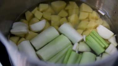 Geleneksel sebze çorbası, dilimler ve taze kesilmiş havuç, soğan, patates, kabak, kabak ve bezelye gibi sebzeler, sıcak buharla pişirilene kadar sıcak suda kaynatılır..