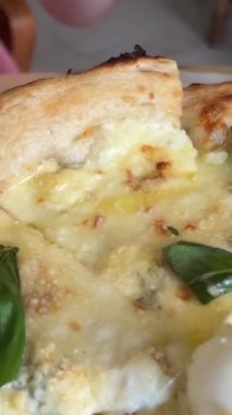 Peynirli bir dilim sıcak İtalyan pizzası. Fesleğenli dört peynirli pizza. Kadın dört peynirli fesleğenli peynirli pizza yiyor. Yüksek kalite 4k