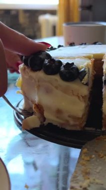 Lezzetli kekler masada. Aydınlık masada farklı meyveli turtalar. Lezzetli hamur işleri. Ahududu ve böğürtlenli lezzetli meyveli turtaların yakın çekimi. ve ahşap masada çilekler.. 