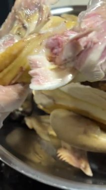 Vietnam 'da yeşil yapraklı tavuk eti. Bambu filizli tavuk güveci ve tatlı Basil Vietnamlı Phu Yen yemek tarzı. Elleri tek kullanımlık eldiven.