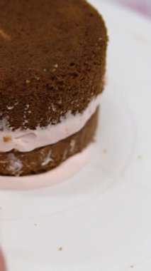 Pasta konfetisini yakın plan dekore eden kadın şef. Profesyonel aşçı eldiven dükkanında kremalı kek pişiriyor, lezzetli bir tatlı. Pastayı dekoratörle süsleyin.