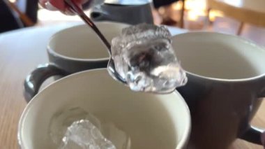 Yeşil arkaplana buz küpleri atın. Buz küplerine yakın çekim makro çekim, bardak içkisine dökülüyor. Yavaş çekim, 1000 fps boş bardaklara buz dolduruyor. Kamera el kamerasıyla canlı hareket ediyor. 