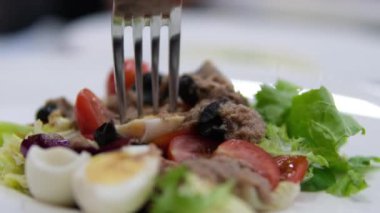 Doğrudan yukarıdan çekilmiş taze karides salatasıyla stok yiyecek videosu. Sebzeler ve ızgara karidesler deniz ürünleri restoranında akşam yemeği için servis edilir. Düz konumda 4K ultra HD görüntülerde çekilir. Yüksek kalite 