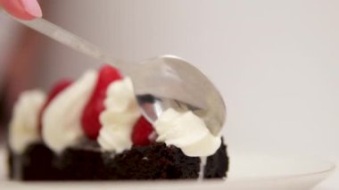 Taze çilekli çikolatalı kek ve bir kepçe kremalı vanilyalı dondurma tatlı menüleri ve tatlı aşermeler için mükemmel. Daha az browni hazırlayan yumurtalar. Beyaz arkaplanda çekilen. 