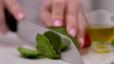 Peyniri ıspanakla kes. Kesme tahtasında yeşil peynir ve baharat var. Retro tonlu.