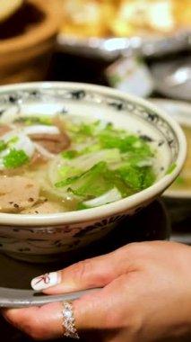 Açık büfe çorbası sahte Vietnam Pho Noodles Sıcak Çorba Mutfağı. Yüksek kaliteli FullHD görüntüler