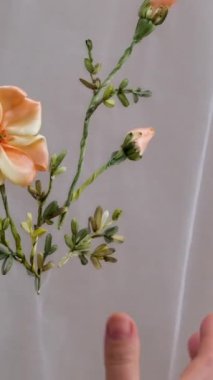 Çiçek nakışları ve duvağa takılmış kuşlar ince bir kumaş üzerinde bir kadın, parlak süslemeli bir manken gelinliğine el işi düzleştiriyor. Yüksek kalite 4k