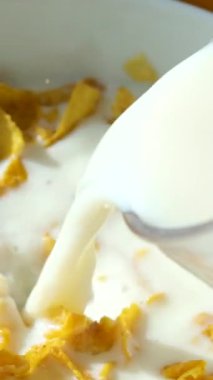 Süt bir kase mısır gevreğine dökülüyor, yavaş çekimde sıçrıyor, mavi arka planda sağlıklı kahvaltı. Sütlü tahıl
