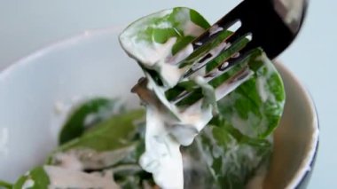 Ispanak yaprağı salatası fındık badem limon kabak çekirdeği domates yaprağı ıspanak sosu ekliyorum. Yüksek kalite 4k görüntü