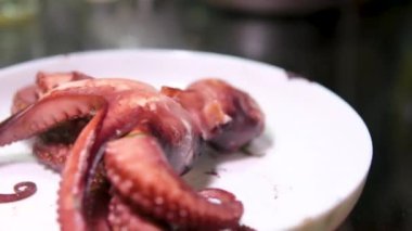 Ahtapot pişirme, aşçı restoran mutfağında taze ahtapot kaynatma, sağlıklı yiyecekler, İspanya 'da deniz ürünleri kafe, geleneksel Asya Japon İspanyolcası ve Akdeniz yemeği. Yüksek kalite 4k görüntü