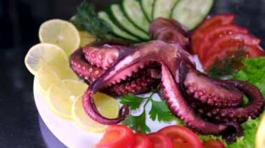 Ahtapot besinli ahtapot ahtapot taze leziz yemek yemeği dokunaçları peskatarizmi lezzetli gurme yemek arkaplanını masa rustik gıdalar üst görünüm fotokopi uzay keto ve paleo diyeti. sebze ve bira