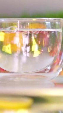 Bardaklara dökülen zehirden arınmak için sağlıklı buzlu limon içeceği. Buzlu limon suyu detoksifikasyon için sağlıklı bir içecektir. Bazıları kokteyl olarak limonlu su ve cin içebilir. limonlu su