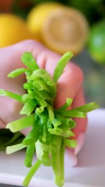 Keskin bıçakla taze yeşil biber doğramak. Şef yeşil tatlı kırmızı biber kesiyor. Sağlıklı gıda konsepti. Sebzeleri salataya hazırlıyorum. Yüksek kaliteli 4K video. Yüksek kalite 4k görüntü