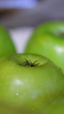 Taze yeşil elmalar. Dönen meyvelerin makro görüntüsü. Yüksek kalite 4k görüntü