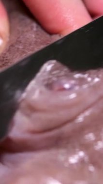 Ahtapotun gözlerini kapat ve ahtapotu keserken ve hazırlarken bir insanın ellerini çek. Yüksek kalite 4k görüntü