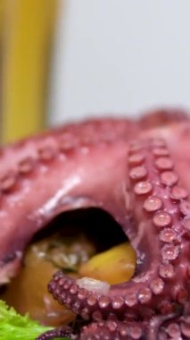 Lizbon restoranında ahtapot ve paella tabakları, ahtapot ve canlı Portekiz lezzetleri sergilenen bira. Yüksek kalite 4k görüntü