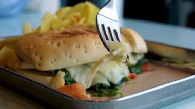 Lezzetli bir sandviç, dilimlenmiş tavuk, peynir, yumurta ve patates kızartması. Peynirli mayonezli sandviç ve tavuklu domates öğle yemeğinde ıspanaklı cips. 