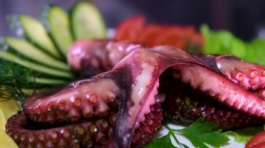 Sebzelerle servis edilen ahtapot, deniz ürünleri. Mavi bir tabakta taze haşlanmış ahtapot, Akdeniz mutfağı, akşam yemeği. Sınır tasarımcısı beyaz arkaplan. Üst Manzara. ahtapot ve bira