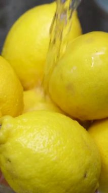 Suya düşen sulu taze limonlar, organik meyve vitaminleri, sağlıklı beslenme. Yüksek kalite 4k görüntü