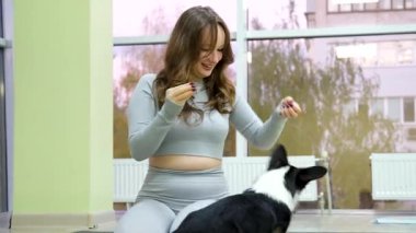 Yürek ısıtan bağ: Genç bir kadın Corgi köpeğini evde sever ve ona tapar. Yoga ve Corgi Yavruları rahatlama, insanlar yoga, kadınlar köpekleri okşama, egzersiz yapma, esneme hareketleri.