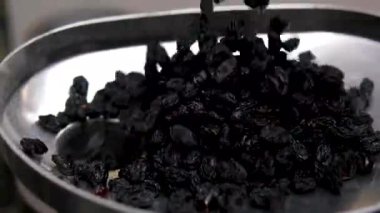 Koyu üzümlü. Sağlıklı yiyecekler. Kurutulmuş meyve. Daire şeklinde hareket edin. Kıyma makinesine doldur ve büyük siyah kuru üzümleri öğüt.