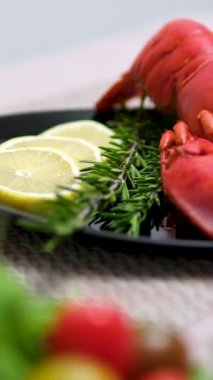 Salatalıklı Istakoz Pad Thai kızartma erişte, tofu ve diğer malzemelerle birlikte stüdyo ışığında dikdörtgen bir tabağa servis edilmeye hazır. Yüksek kalite 4k görüntü