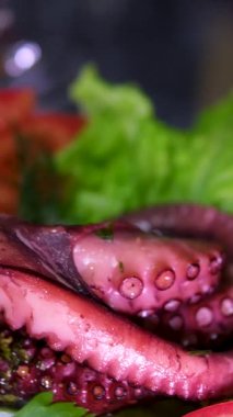 Peynirli ve marullu kızarmış ahtapot. Yüksek kalite 4k görüntü