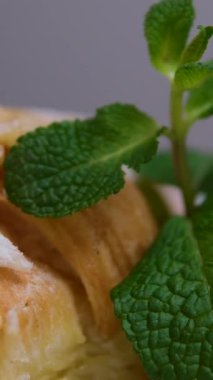 Kafede bir tabakta nane yaprağı ve yanında kahve fincanı olan nefis bir milli feuille keki. Yüksek kalite 4k görüntü