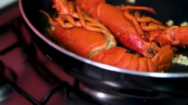 4K Top View Chef ıstakoz salatası süslemesini bitirdi. Yüksek kalite 4k görüntü