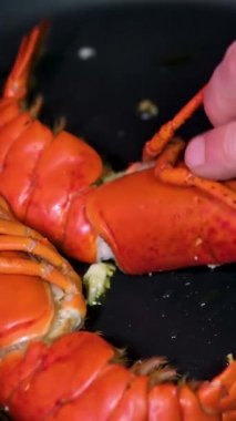Istakoz kuyruğu ızgarasına yakın çekim. Yanında da yeşil soğanlı sarımsaklı limon yağı sosu. Hazırlık ve Pişirme Sırasındaki Resimleri kapat. Yaz Deniz Ürünleri Mangalı. - Evet. Yüksek kalite 4k görüntü