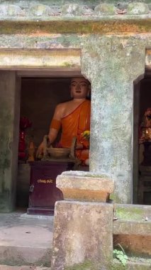 Bereketli yeşil tepeler ve uzaktaki kırsal manzarayla çevrili kayalık bir uçuruma tünemiş pagoda 'nın çarpıcı hava görüntüleri. Huzurlu sahne, doğal güzellikle kültürel mirası harmanlıyor..