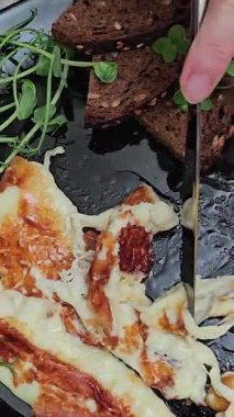 Izgara halloumi peyniri, domates, portakal ve balkabağı çekirdekli restoran salatasında suluguni peynirli kızarmış halloumi peyniri. Sağlıklı beslenme.
