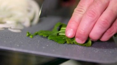 Şef yeşil ıspanak yapraklarını kesme tahtasının üzerinde bir bıçakla keser. Aşçı, kamera yavaşça hareket ederken ıspanağı yavaş çekimde doğruyor. Sebze salatası yapmak, sebzeli yemek yapmak, sağlıklı.