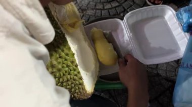 Meyve ve sebze dükkânı sahibi müşterilere Durian meyvesi hazırlıyor ve paketliyor. Yüksek kalite 4k görüntü
