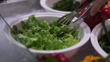 Taze Yeşil Marul Salatası Hazırlama Mutfak Sağlıklı Yemek Pişirme Deneyimi ile Besleyici Yemekler. Yüksek kalite 4k görüntü