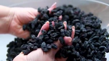 Kuru üzümler yavaşça ahşap kasede dönüyor. Kurutulmuş üzümler yakından. Kurutulmuş meyve ve kuru böğürtlen. Koyu siyah kuru üzümler elle incelenir.