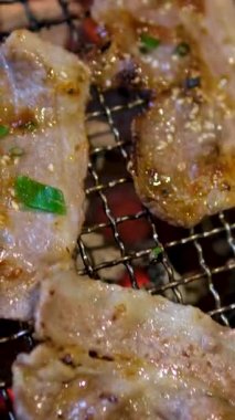 Asya ızgara et insanı basit bir ızgarada et ve soğan pişiriyor. Izgara bir derenin üzerine kurulmuş..