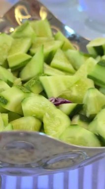 Taze salatalıklı sebze salatası. Yeşil organik malzemeler. Makro atış. Döndürme. Yüksek kalite 4k görüntü