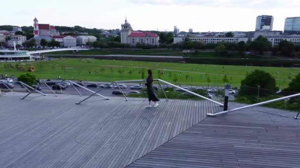 Ein Mädchen Einem Grünen Langen Kleid Steht Auf Der Aussichtsplattform — Stockvideo