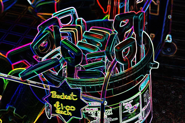 Een Close Shot Van Verlichte Neonspade Handgrepen — Stockfoto