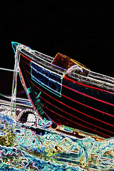 Abstract Hedendaagse Digitale Kunst Vissersboot Zee Strand Scene — Stockfoto