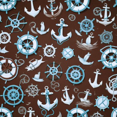 Çapa deseni, pusula, çapa, direksiyon ve mavi arka planda deniz kabukları. seyahat ve turizm kavramı