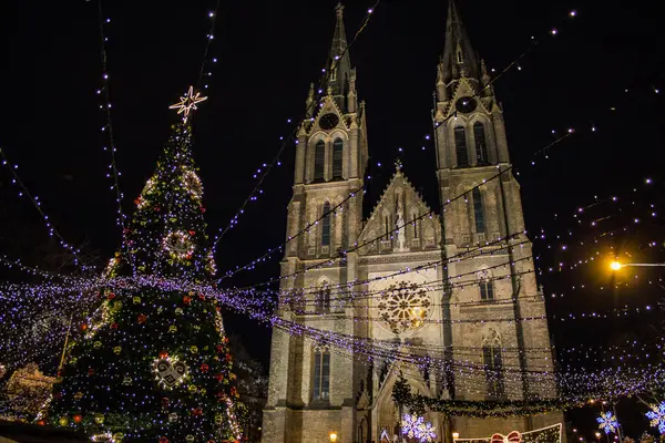 Namesti Miru 'nun şenlikli ışıkları St. Ludmila Bazilikası' nın güzel dekore edilmiş Noel ağacının yanında sıcak bir şekilde parlıyor..