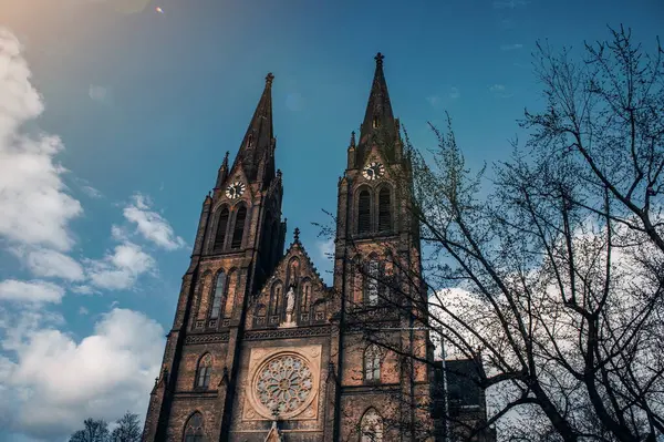 Çek Cumhuriyeti 'nin Prag kentindeki Namesti Miru Meydanı' nda mavi gökyüzünün altında ikiz kuleleri ve gül pencereleri bulunan St. Ludmila Gotik Bazilikası..