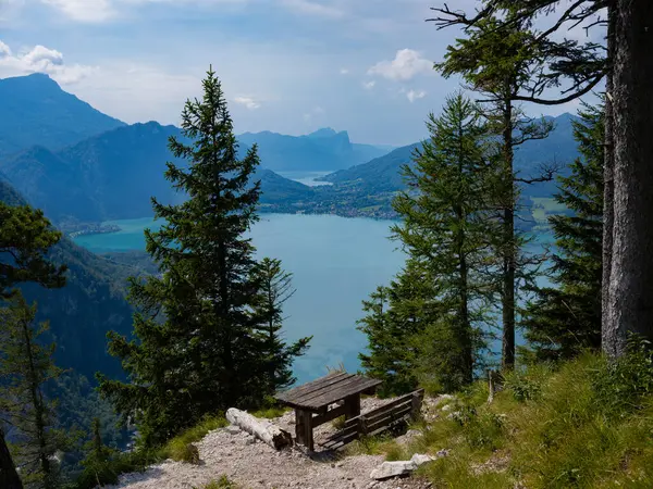 Klettersteig Dağı, Avusturya 'dan Attersee Gölü manzarası. Alp Dağı Klettersteig 'den Attersee Gölü. Salzburgerland, Avusturya.