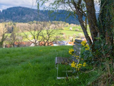 Bahçedeki eski bank Dağların arka planına karşı