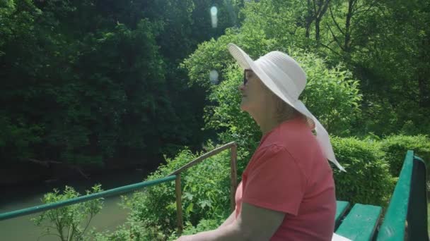 Starsza Kobieta Okularach Siedzi Ławce Parku Pobliżu Stawu Portret Emeryta — Wideo stockowe