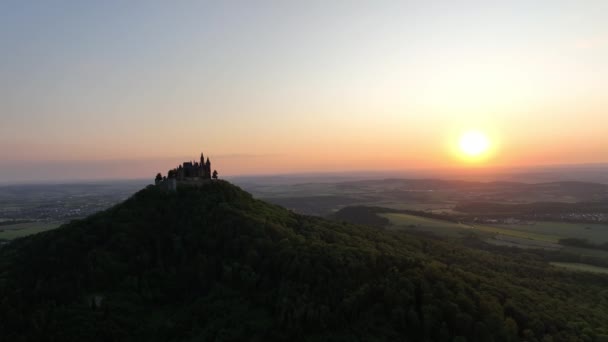 Pohled Zámek Hohenzollern Při Západu Slunce Německu Slavný Gotický Památník — Stock video